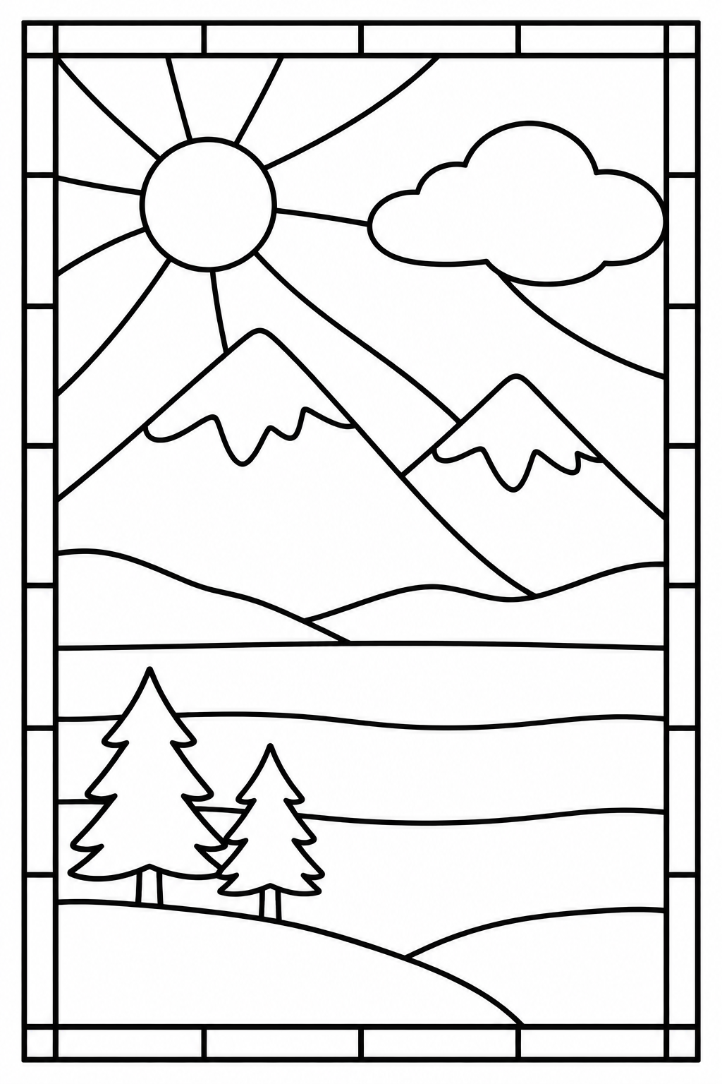 Two snowy peaks, a lake and two conifer-shaped trees beneath a sun and cloud in a stained-glass-style frame.