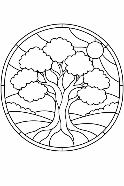A spreading tree stands among rolling hills beneath the sun in a circular stained-glass design.