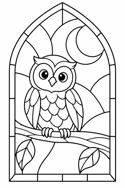 An owl perches on a leafy branch below a crescent moon inside a pointed-arch stained-glass design.
