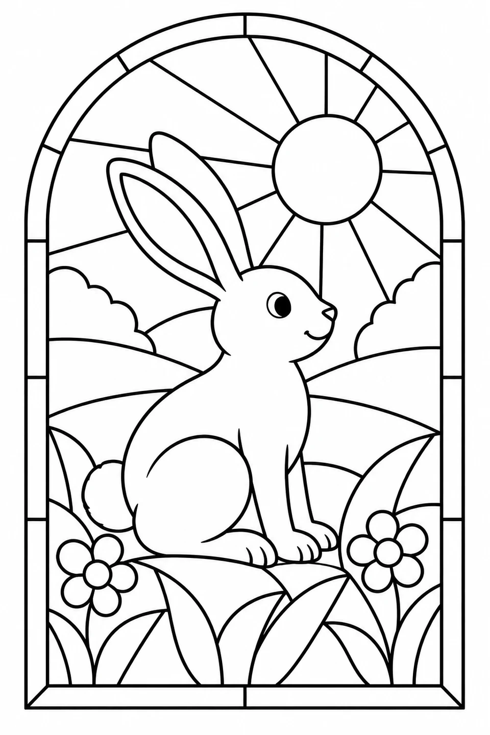 A seated rabbit appears among flowers and broad leaves beneath the sun in an arched stained-glass design.