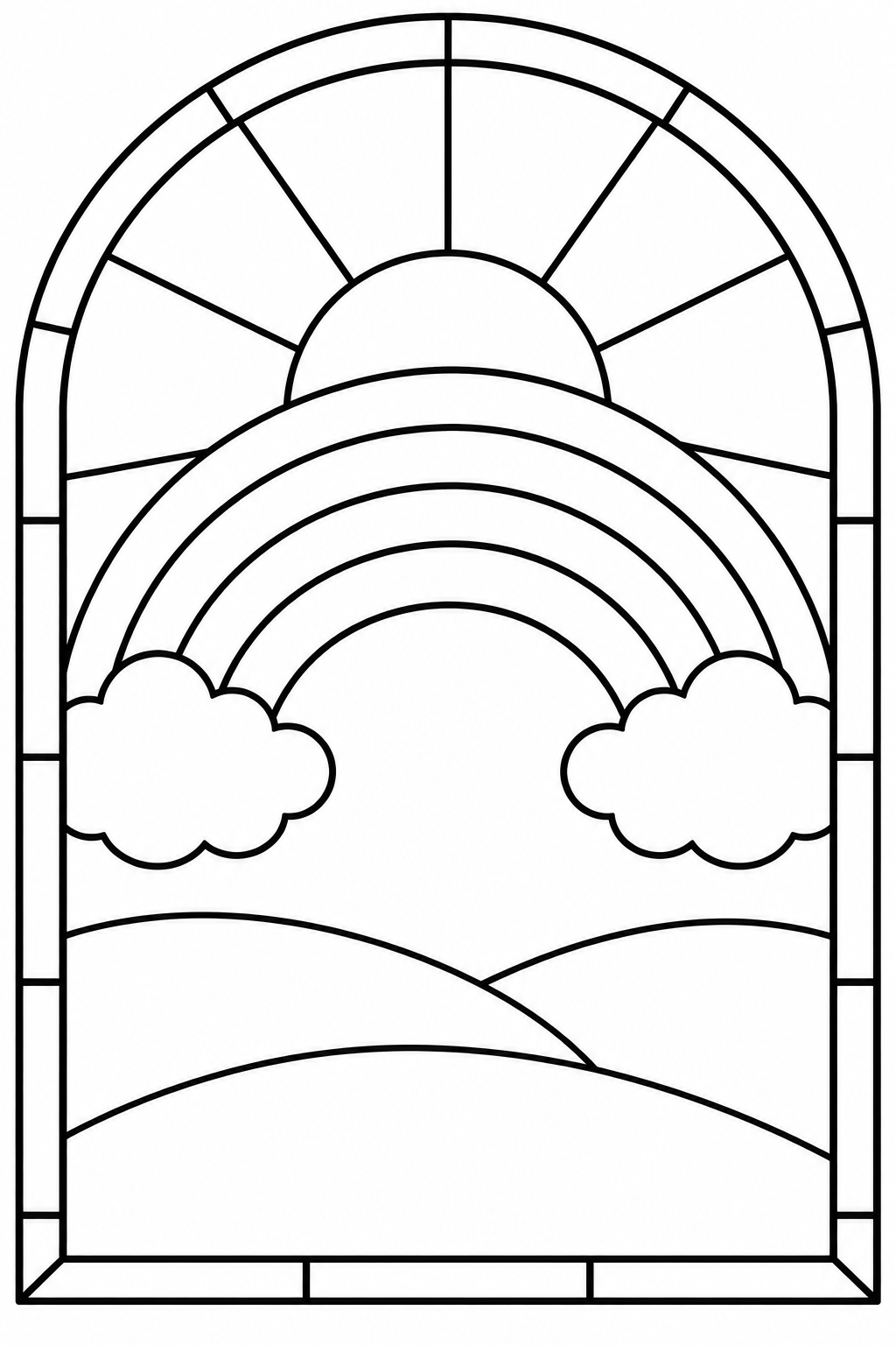 A wide rainbow stretches between two clouds above rolling hills in an arched stained-glass design.