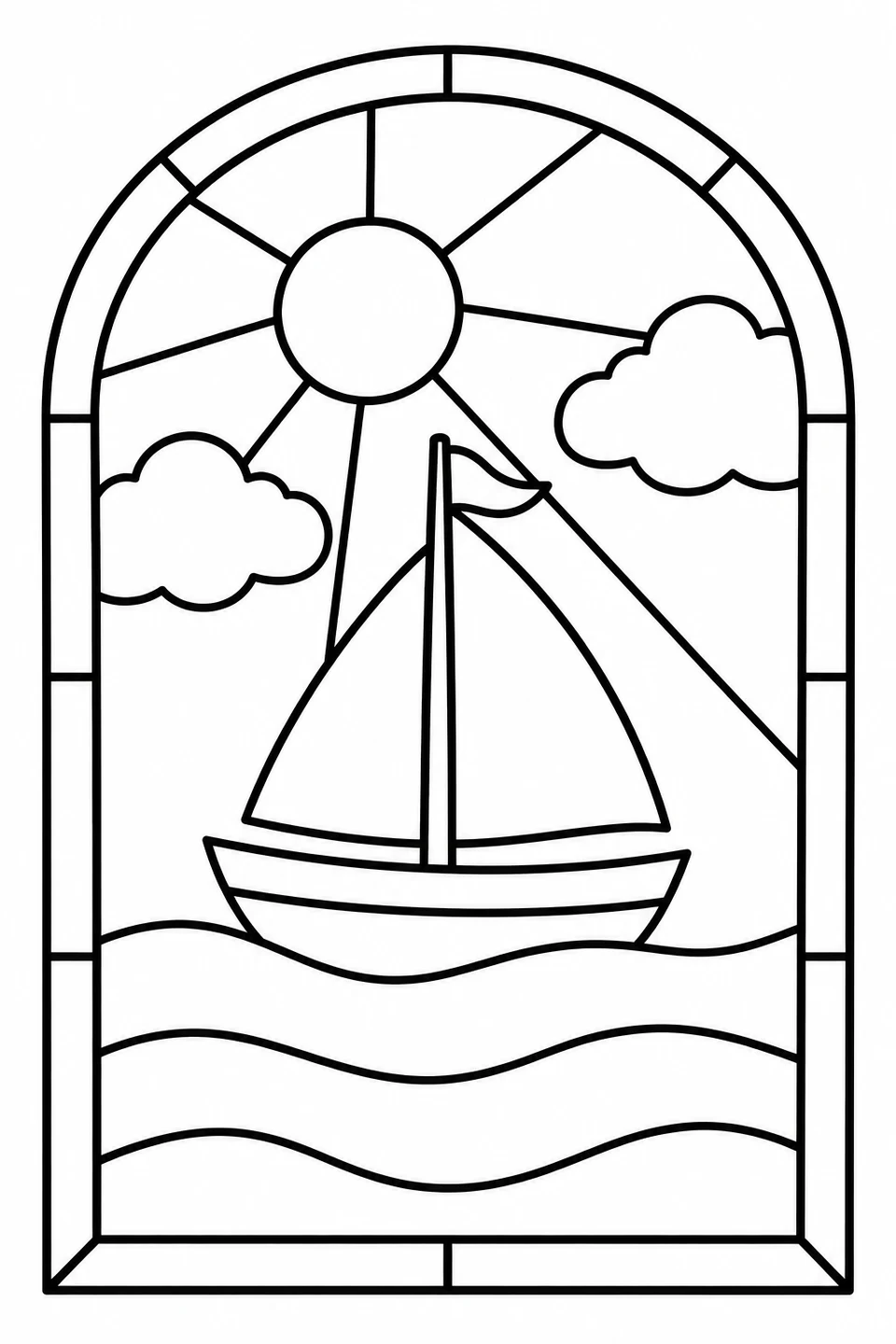 A sailboat floats on broad waves beneath the sun and clouds in a round-topped stained-glass design.