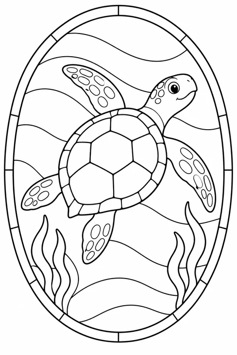 A sea turtle with four flippers swims above seaweed in an oval stained-glass design.