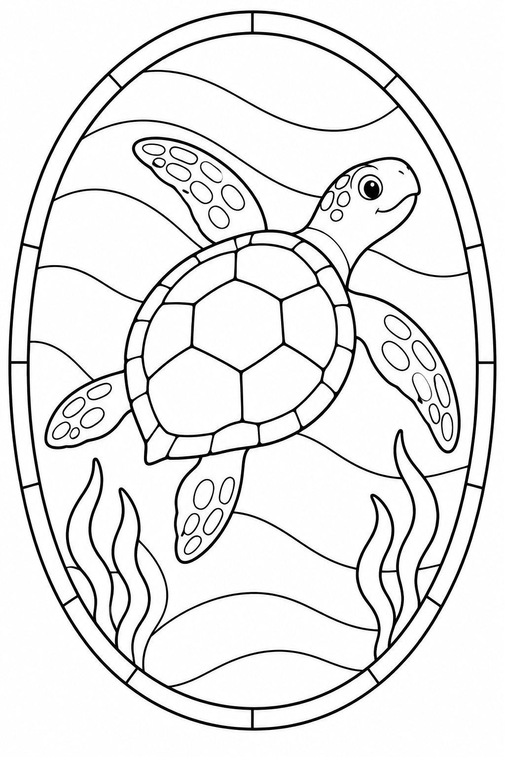 A sea turtle with four flippers swims above seaweed in an oval stained-glass design.