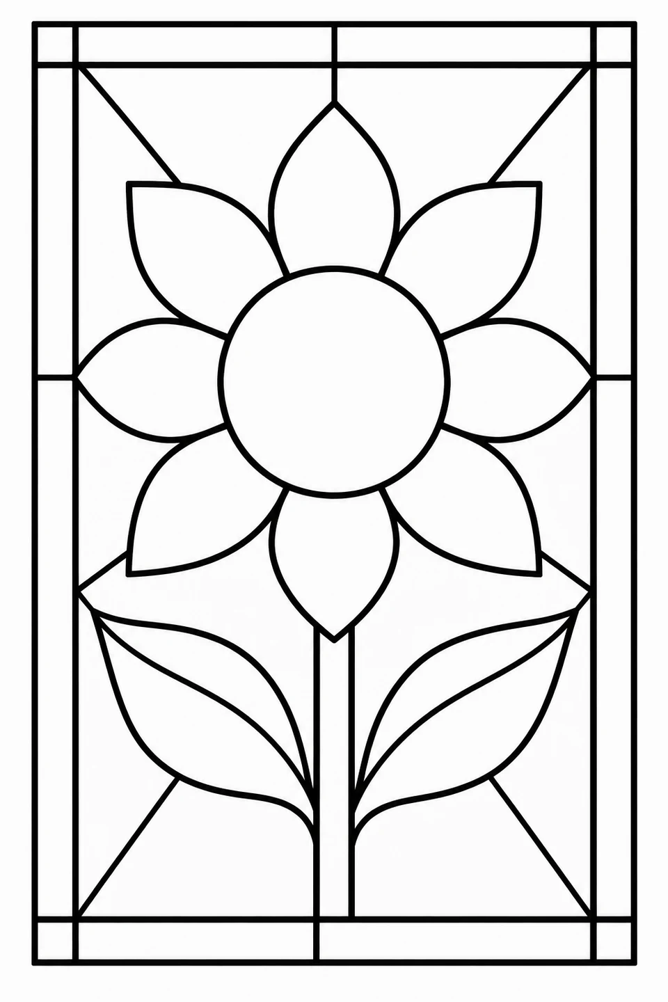 A large sunflower with broad petals and two leaves fills a rectangular stained-glass design.