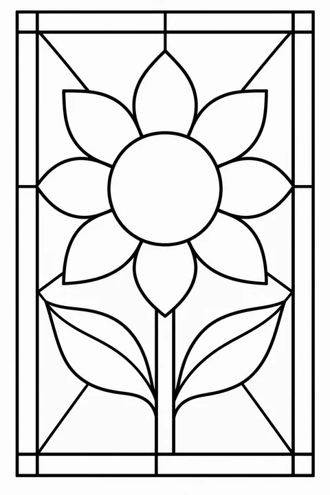A large sunflower with broad petals and two leaves fills a rectangular stained-glass design.