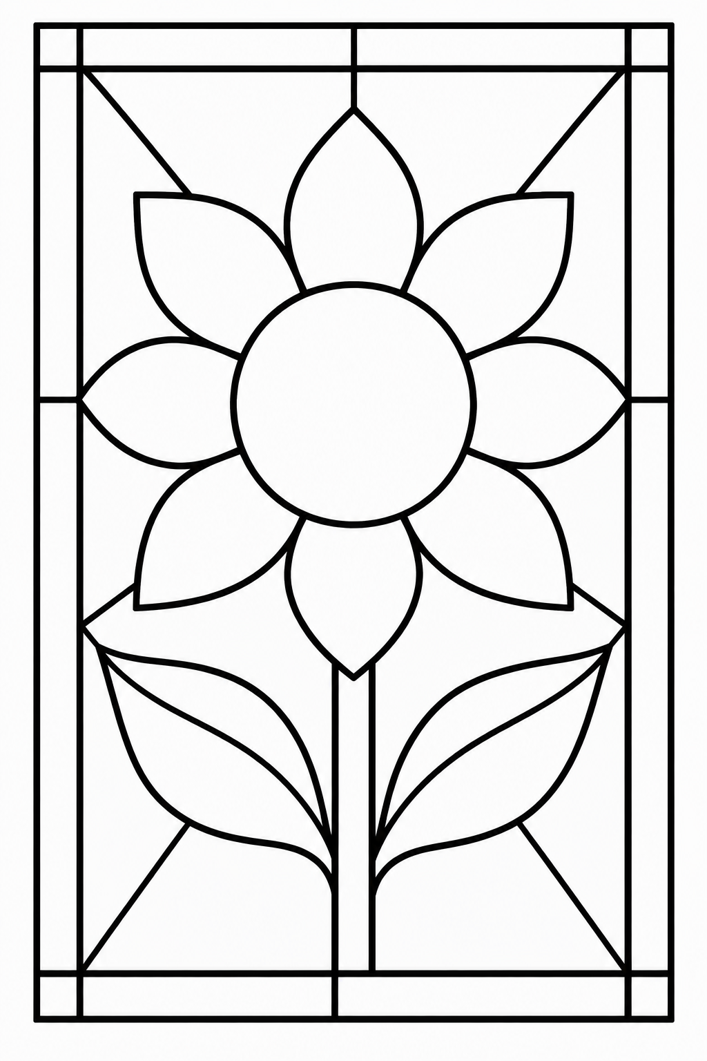A large sunflower with broad petals and two leaves fills a rectangular stained-glass design.