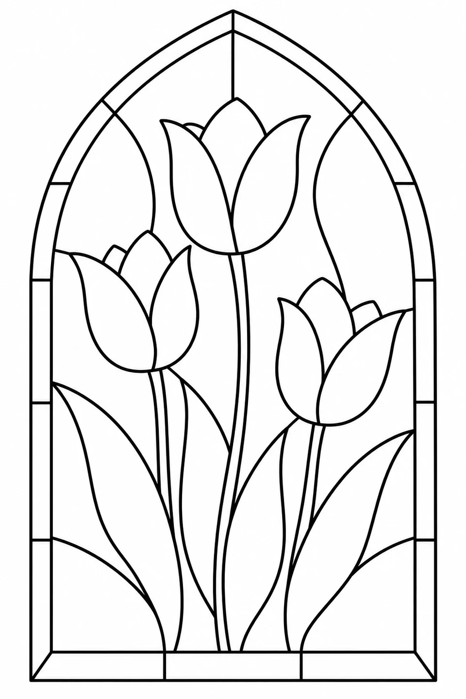 Three tulips and broad leaves inside a pointed-arch stained-glass outline.