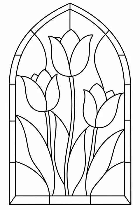 Three tulips and broad leaves inside a pointed-arch stained-glass outline.