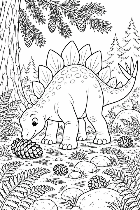 Ein neugieriger Stegosaurus findet einen großen Zapfen unter einem Nadelbaum zwischen Farnen und Steinen.