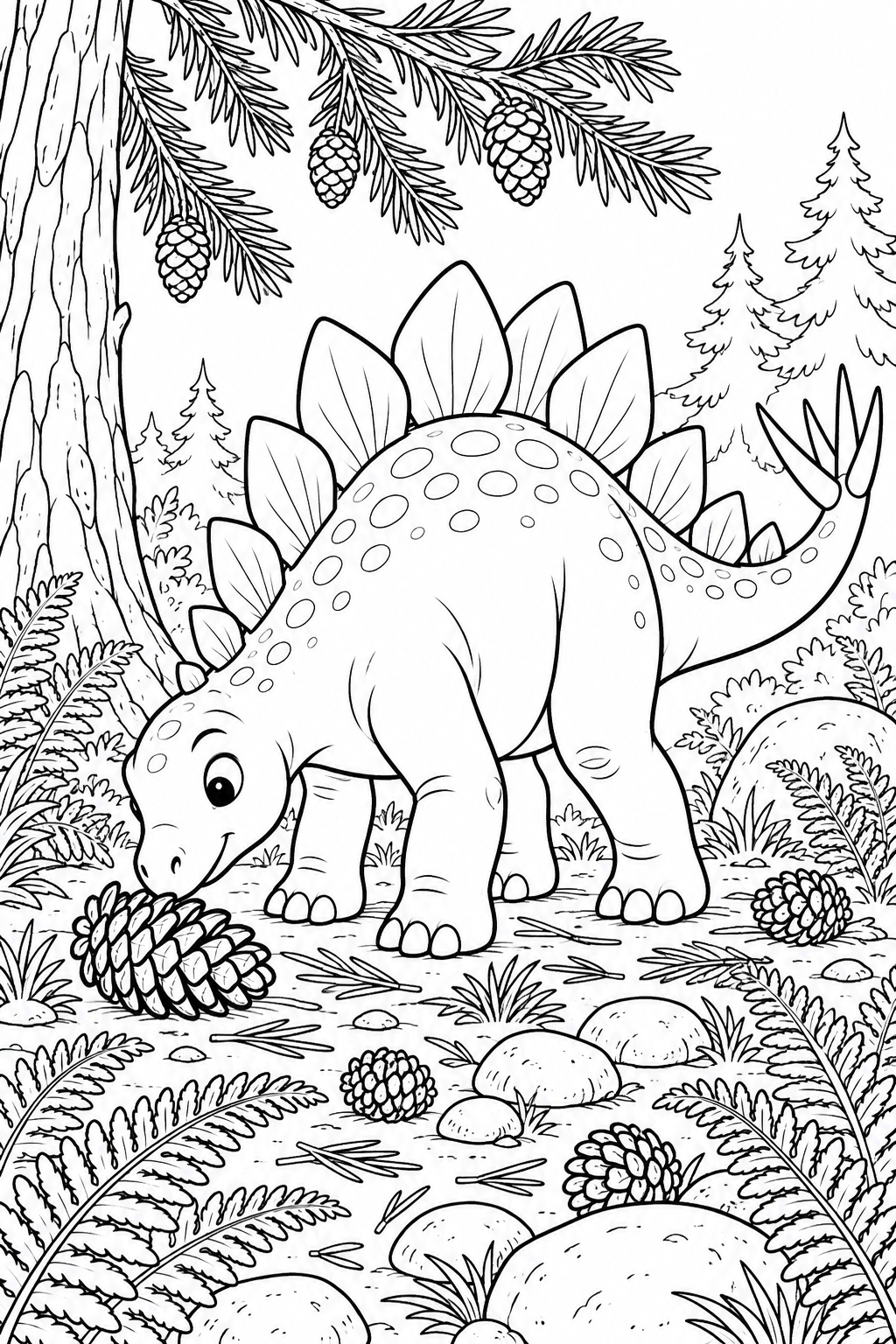 Ein neugieriger Stegosaurus findet einen großen Zapfen unter einem Nadelbaum zwischen Farnen und Steinen.