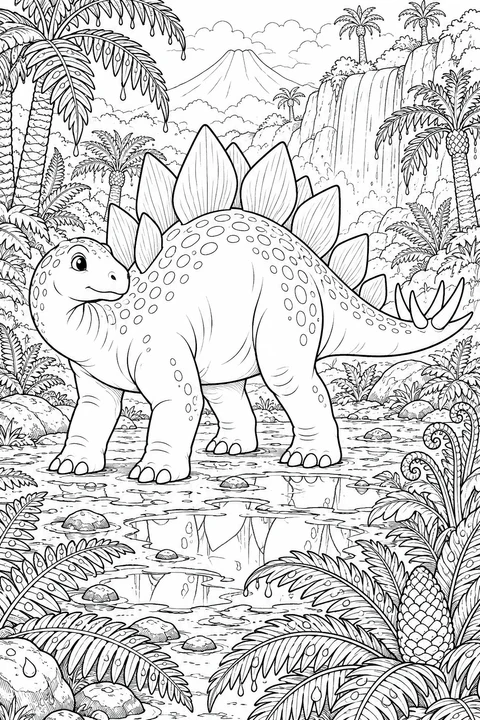 Ein friedlicher Stegosaurus erkundet eine Lichtung mit Pfützen, Palmfarnen und Regentropfen auf Farnblättern.