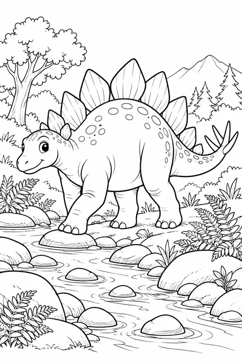 Ein freundlicher Stegosaurus erkundet einen Bach zwischen runden Steinen und Farnen.