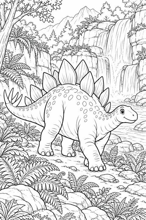 Ein freundlicher Stegosaurus folgt einem Farnpfad neben einem Wasserfall und geschichteten Felsen.