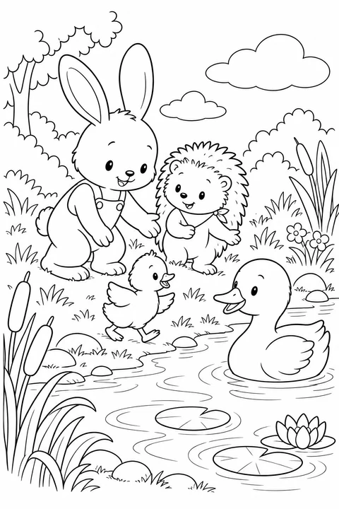 Rabbit and Hedgehog help a little duckling return to its mother beside the pond.