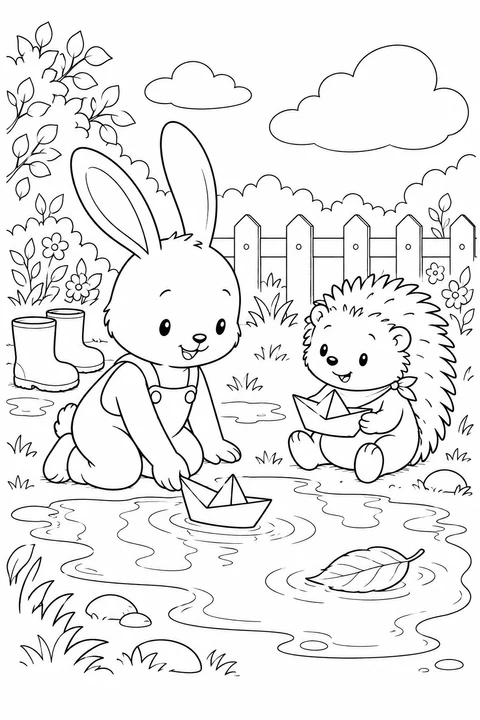 Rabbit pushes a folded paper boat into a garden puddle while Hedgehog holds another boat nearby.