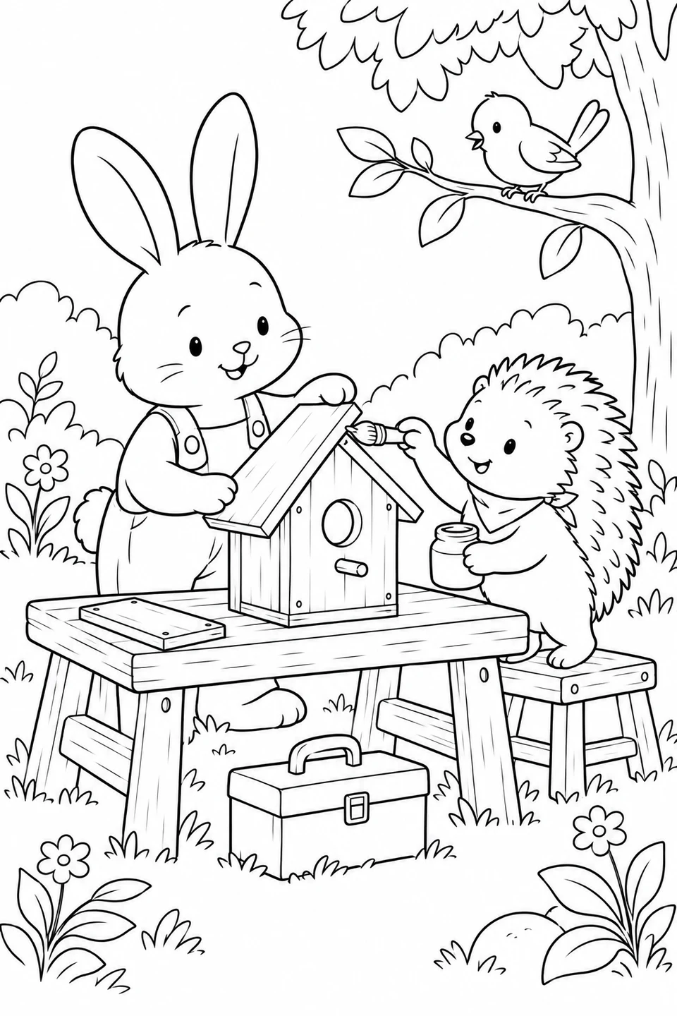 Rabbit holding a birdhouse roof while Hedgehog brushes its edge