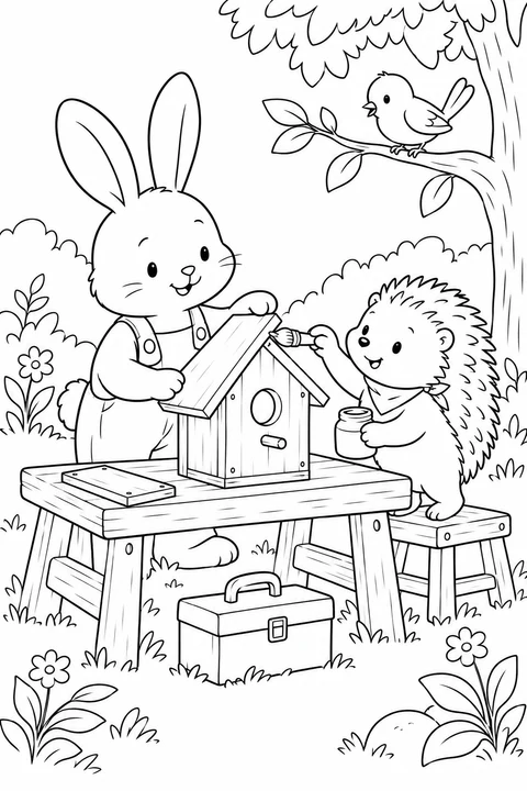 Rabbit holding a birdhouse roof while Hedgehog brushes its edge