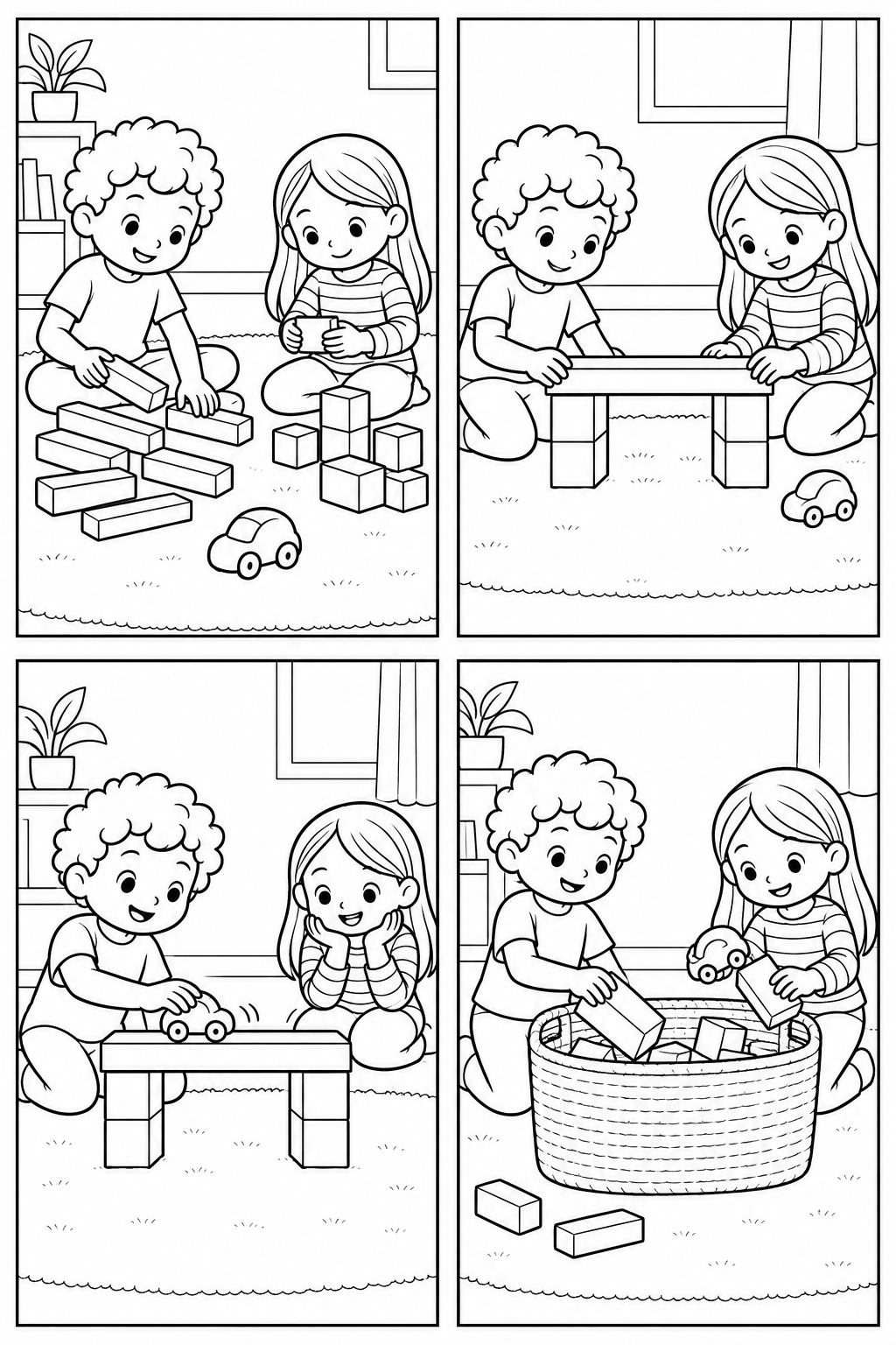 Two children sort blocks, build a bridge, drive a toy car across it and tidy up.