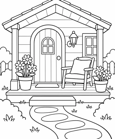 A cushioned chair and two flowerpots sit beside the rounded cottage door.