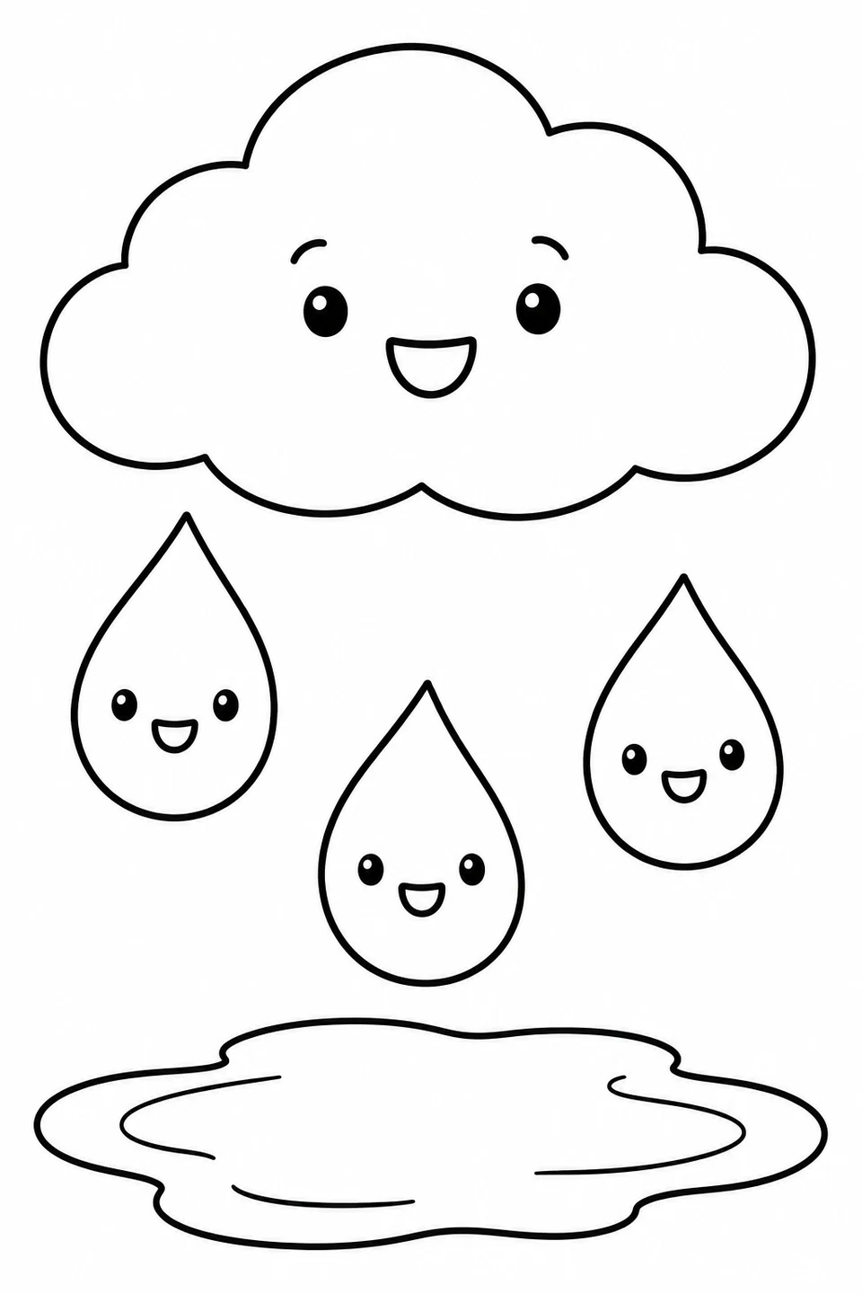 A friendly cloud smiles above three cheerful raindrops and a puddle.