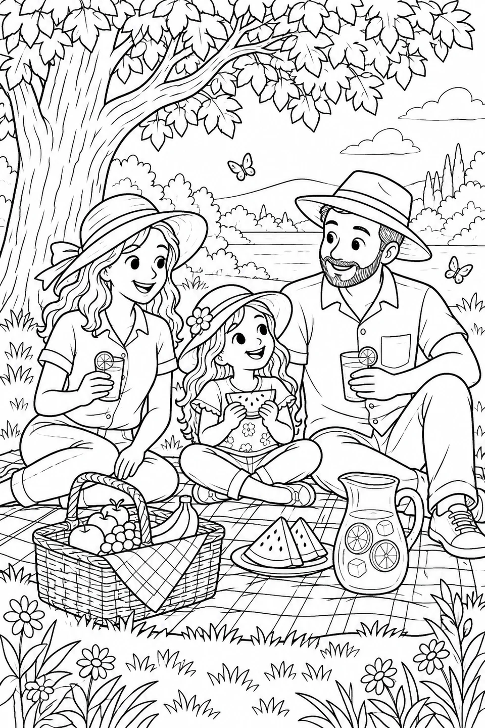 Una famiglia fa un picnic sotto un albero frondoso con un cesto di frutta e limonata.