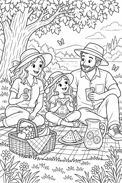 A family shares a picnic beneath a leafy tree with a fruit basket and lemonade.