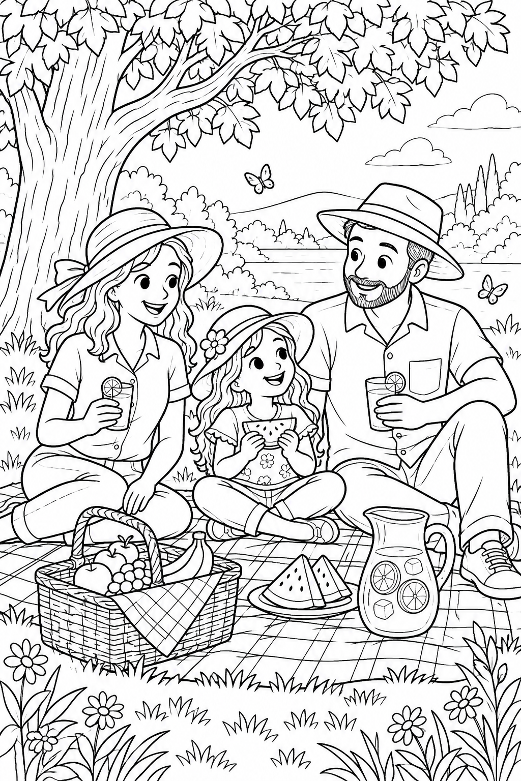A family shares a picnic beneath a leafy tree with a fruit basket and lemonade.