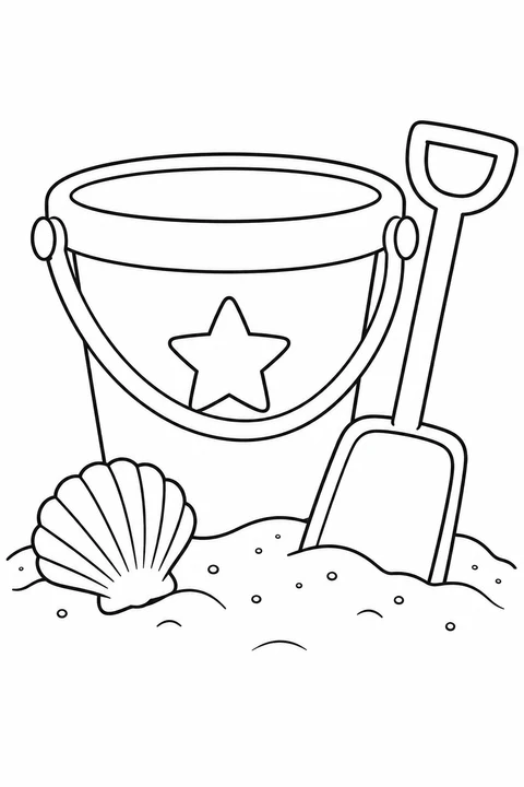 A large beach bucket, shovel and shell rest on a little mound of sand.
