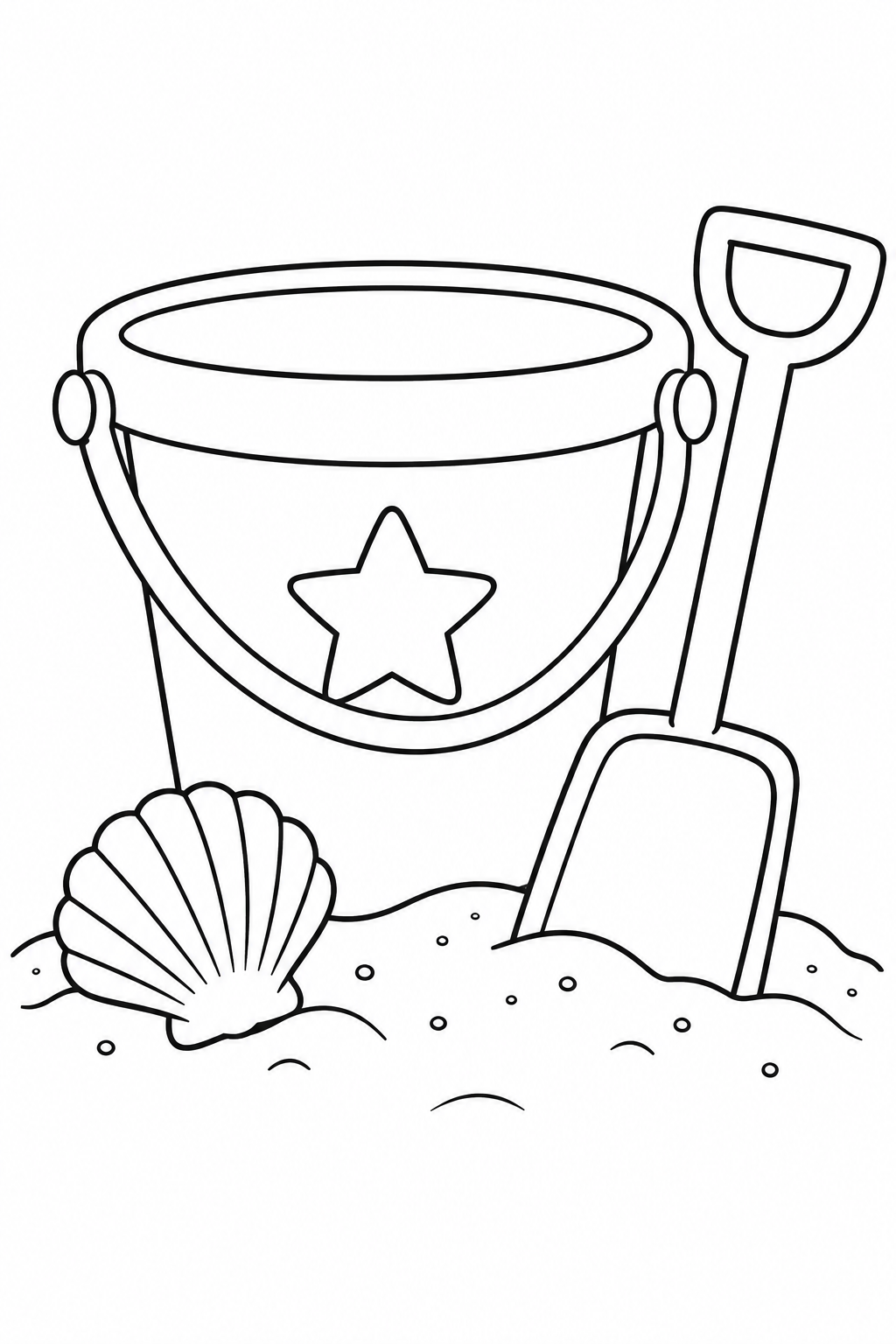 A large beach bucket, shovel and shell rest on a little mound of sand.