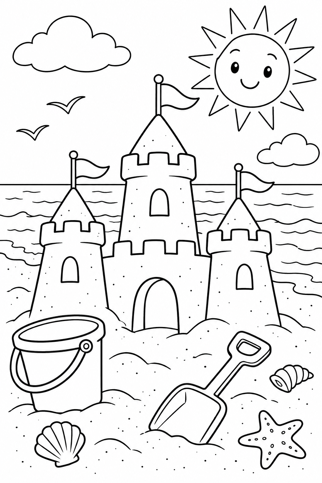 A sandcastle with towers and flags stands beside a bucket and spade near calm waves.