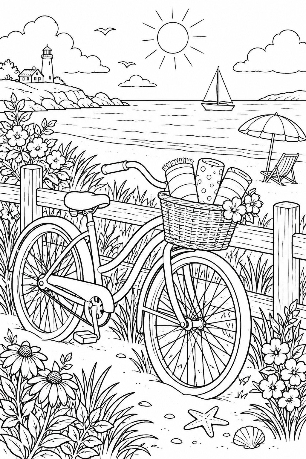 A bicycle with a basket of towels stands by a fence overlooking a beach and a distant sailboat.