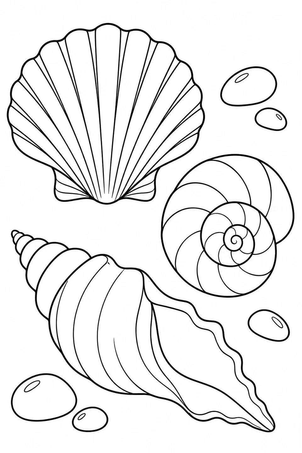 Different large seashells and smooth pebbles have broad spaces ready for your colors.