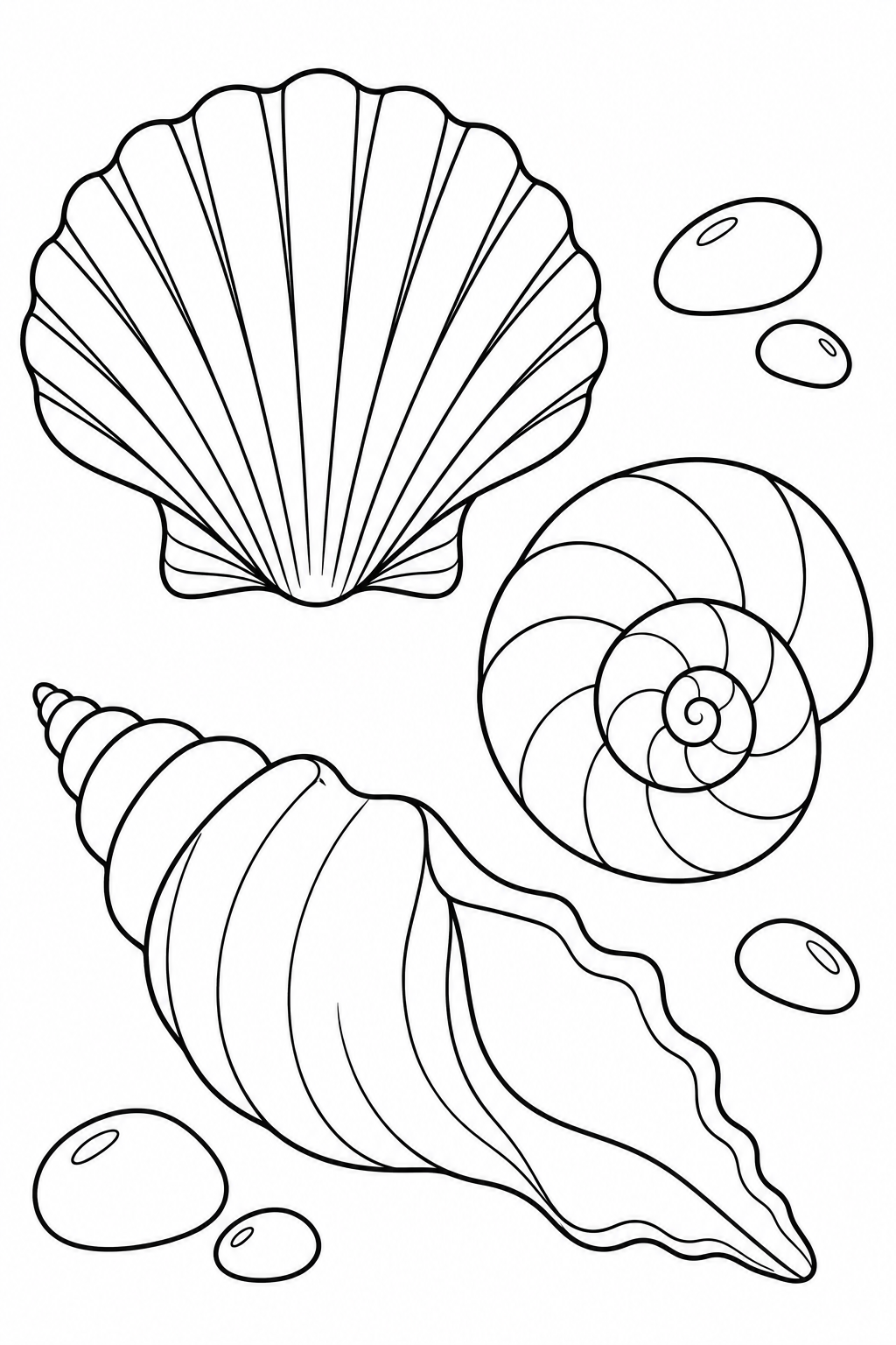 Different large seashells and smooth pebbles have broad spaces ready for your colors.
