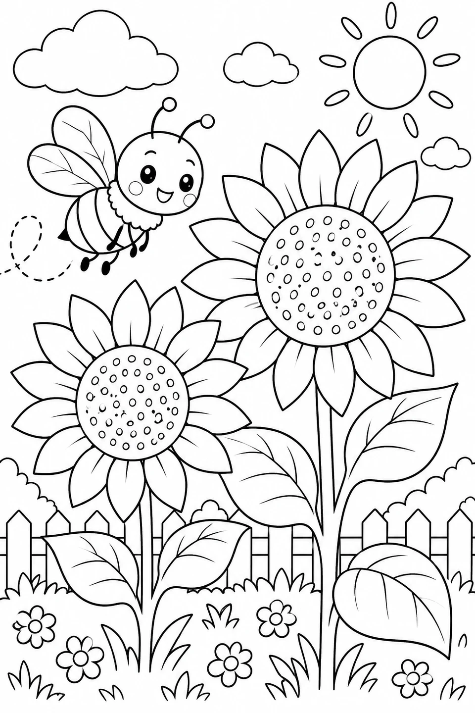 A friendly bee flies beside large sunflowers with broad petals.