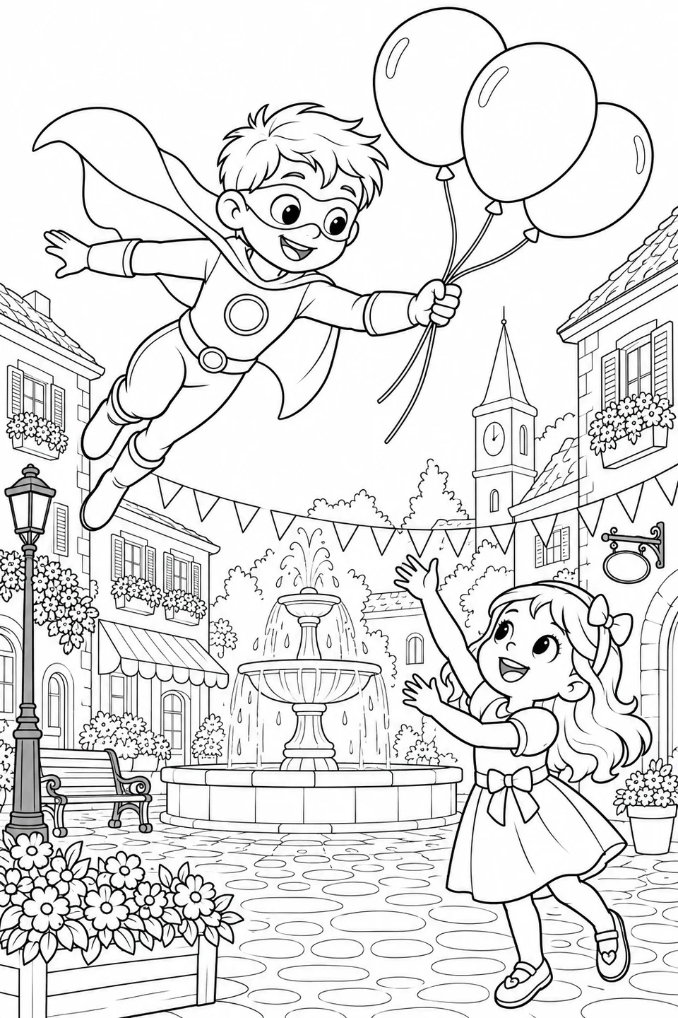 A flying boy superhero brings three balloons to a happy girl beside a fountain, flower boxes and festive bunting.
