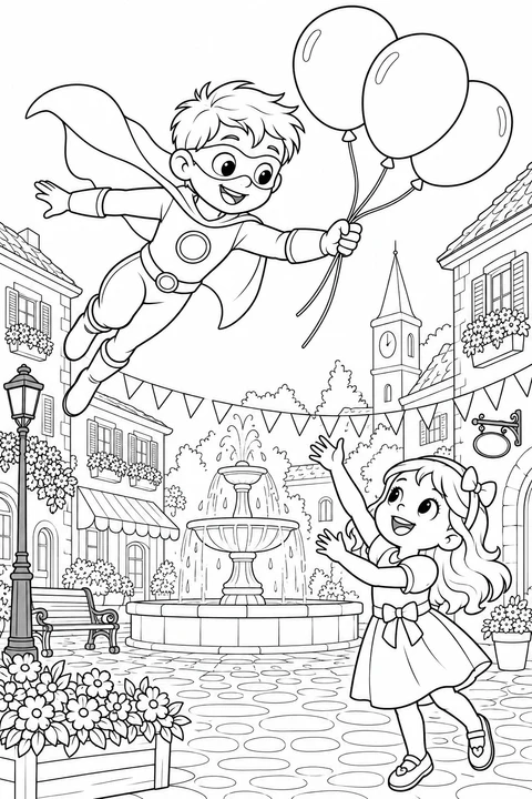 A flying boy superhero brings three balloons to a happy girl beside a fountain, flower boxes and festive bunting.