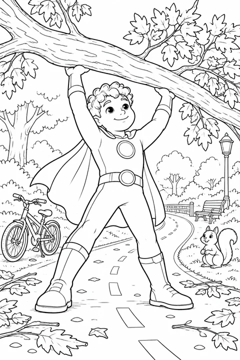 A smiling boy superhero lifts a leafy branch off a park path while a squirrel watches beside a parked bicycle.
