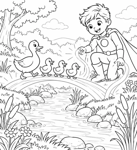A boy superhero kneels beside a stream and makes a magical bridge for a duck and three ducklings among reeds and flowers.