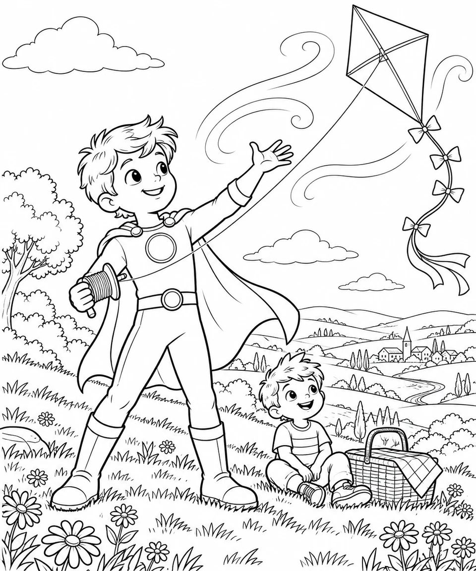 A boy superhero sends gentle wind toward a kite on a grassy hill while a younger boy watches beside a picnic basket.