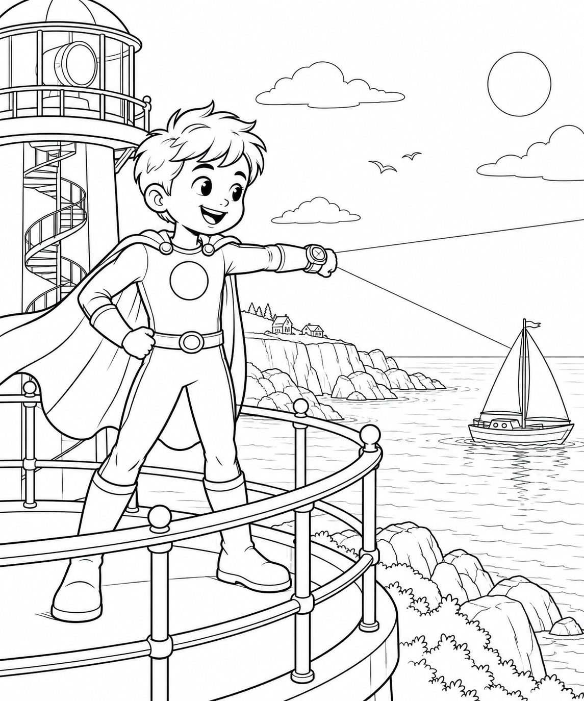 A boy superhero shines a broad beam from his wrist device toward a sailboat, standing safely behind a lighthouse balcony railing.
