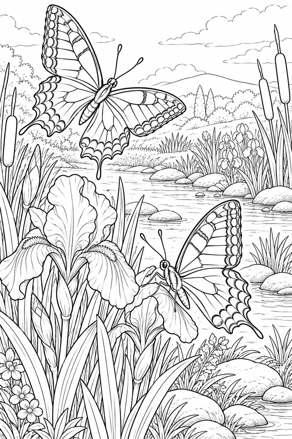 Mariposas cola de golondrina entre lirios junto al arroyo