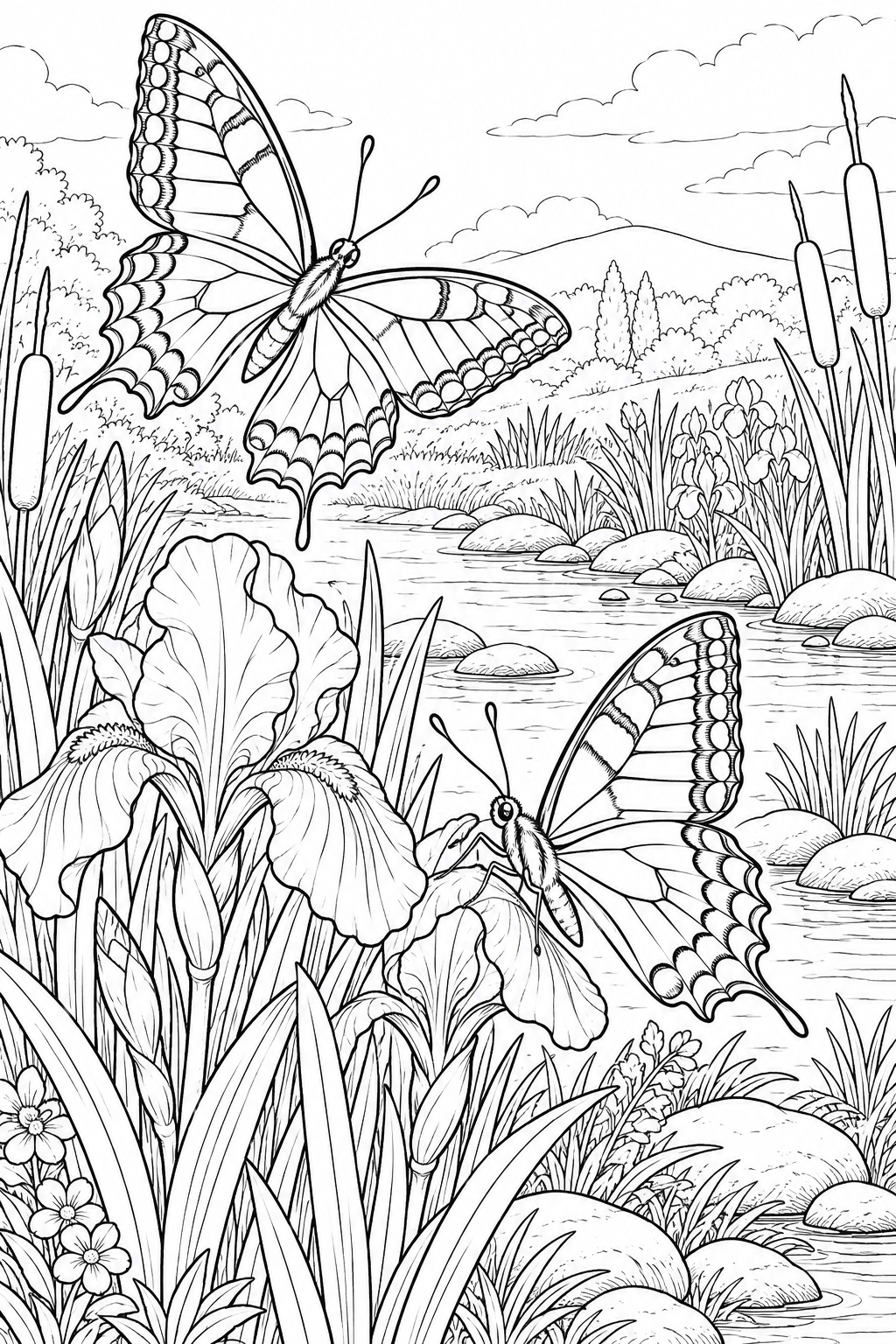 Mariposas cola de golondrina entre lirios junto al arroyo