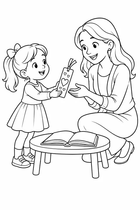 A child gives a heart-decorated bookmark to a teacher beside an open book.