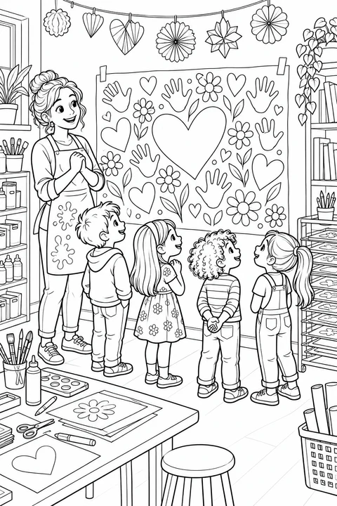 A teacher and children admire a classroom mural decorated with hearts, flowers and handprints.