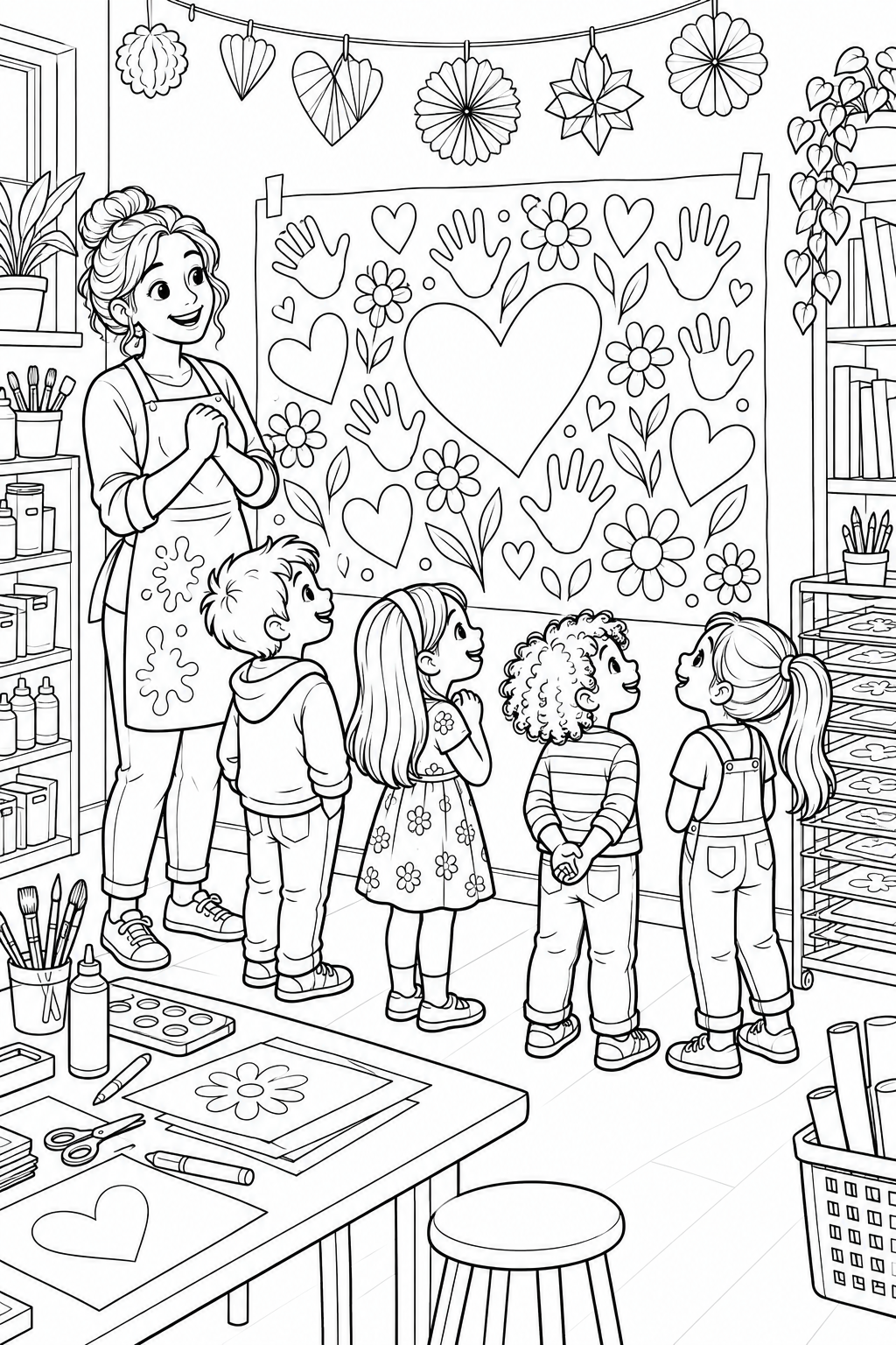 A teacher and children admire a classroom mural decorated with hearts, flowers and handprints.