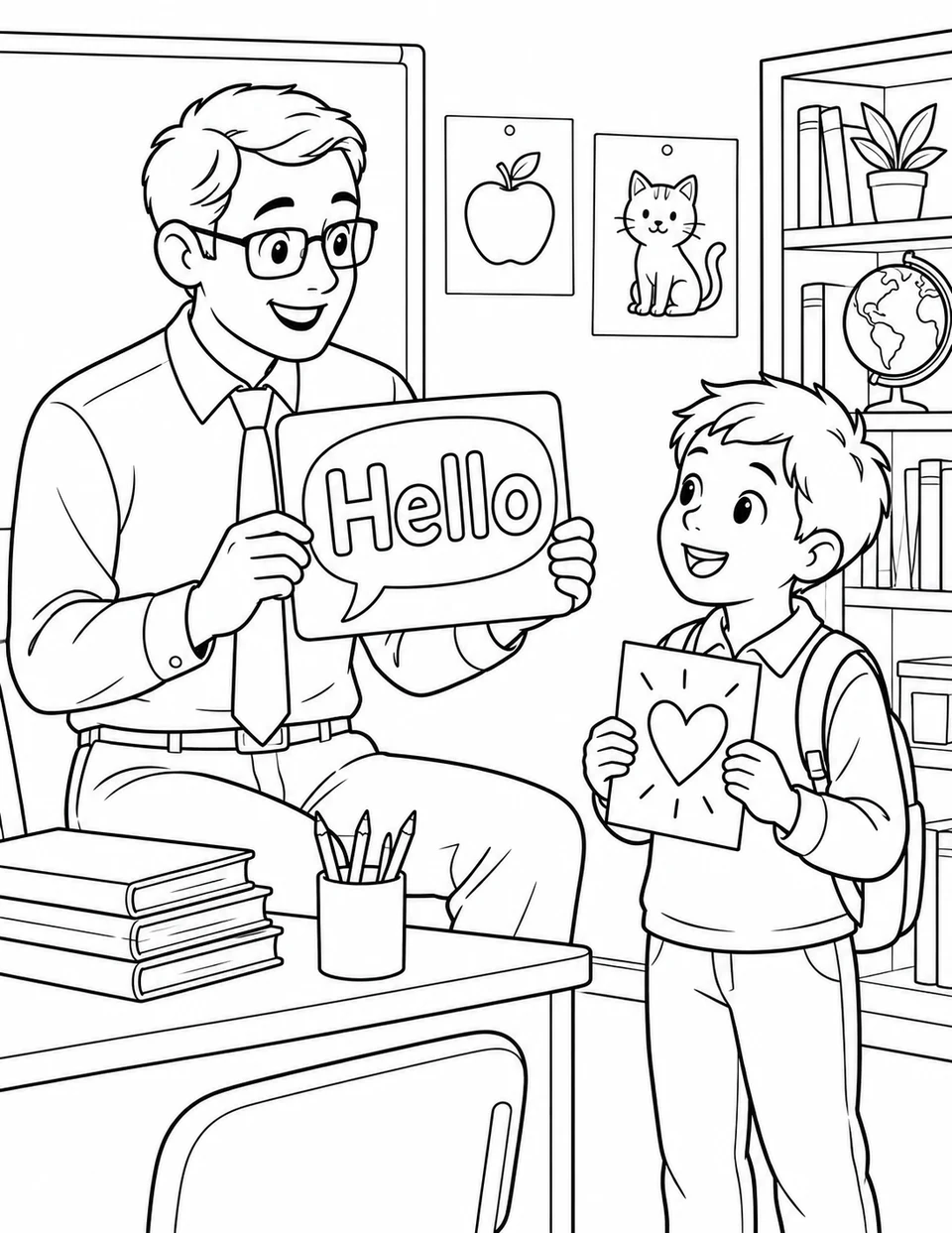 A boy and his male English teacher practice a greeting with a Hello card and a handmade heart card.
