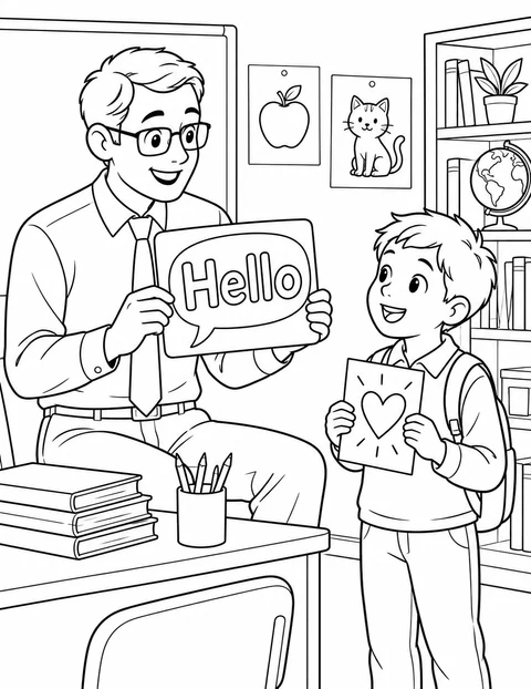 A boy and his male English teacher practice a greeting with a Hello card and a handmade heart card.