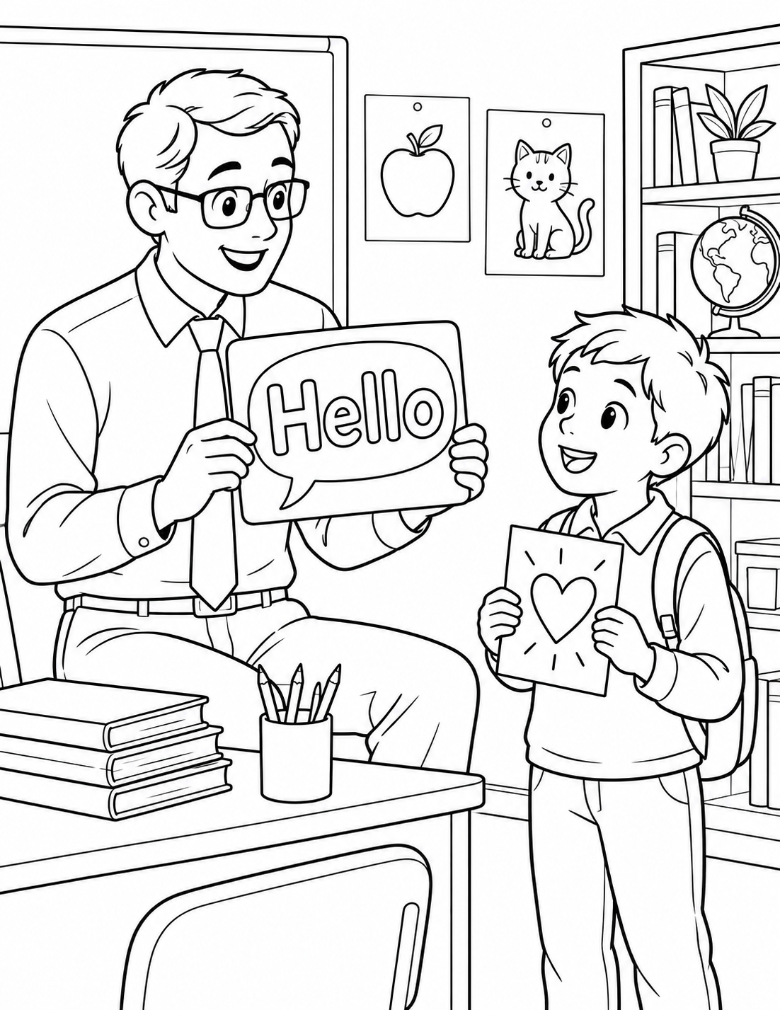 A boy and his male English teacher practice a greeting with a Hello card and a handmade heart card.