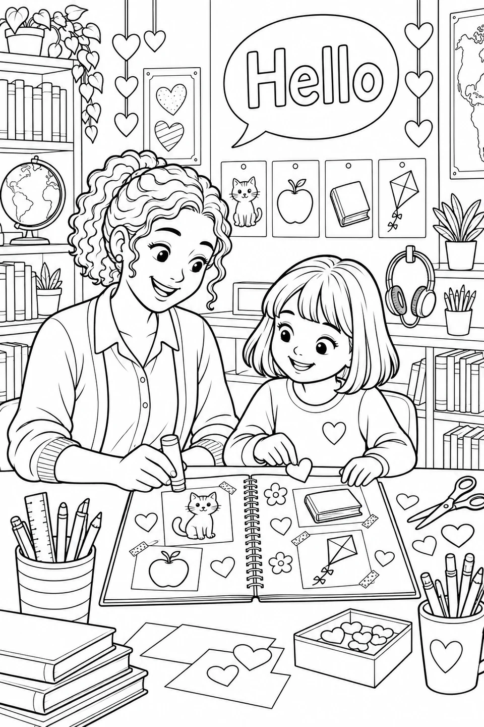 A girl and her female English teacher make a picture scrapbook in a classroom with a Hello display.